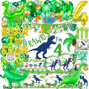 Miruwtog Dinosaur 4th Birthday Party Roar Im Four Dino Birthday Party Decor Supplies for Boys Roar Im 4 Dinosaur Party Decorations