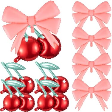 Hungdao 8 Pcs Pink Bow Red Cherry Balloons for Cherry Themed Party Decorations Birthday Baby Shower Wedding Theme Party Supplies