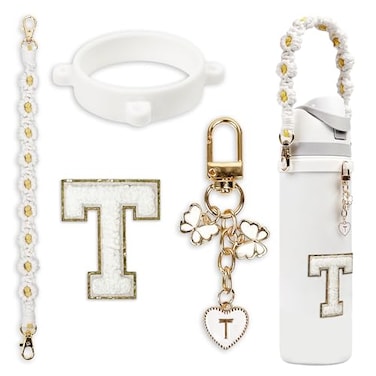 SITKOL Cute Letter Charm Set with Secure Handle Strap Silicone Ring Monogram Sticker and Personalized Decoration for Owala Compatible Water Bottle Travel Carry School Gift and Daily Use White T