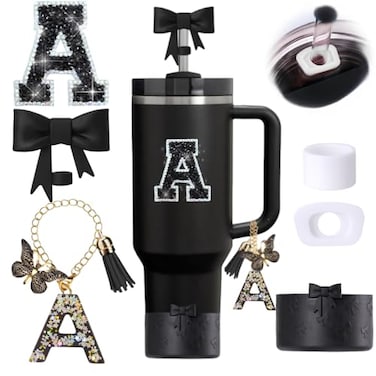 MOTEERLLU 6pcs Black Stanley Cup Accessories Set Bow Straw Topper for Stanley Cup 30oz 40oz Including Straw Topper and Bow Silicone Boot Stoppers Spill Proof Handle Charm Initials Sticker