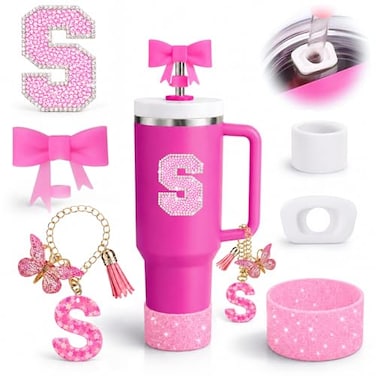 MOTEERLLU 6PCS Pink Stanley Cup Accessories Set Initials Decorations for Stanley Cup 30oz 40oz Includes Bow Straw Topper Handle Charm Letter Sticker Silicone Boot Spill Proof Stopper Letter S