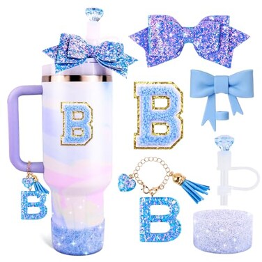 Lingdeer Blue Cup Accessories Set for Stanley 30OZ 40OZ Tumbler with Handle Letter Charms Bow Diamond Straw Covers Glitter Silicone Boot Personalized Sticker for Stanley Cup Accessories B