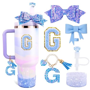Lingdeer Blue Cup Accessories Set for Stanley 30OZ 40OZ Tumbler with Handle Letter Charms Bow Diamond Straw Covers Glitter Silicone Boot Personalized Sticker for Stanley Cup Accessories G