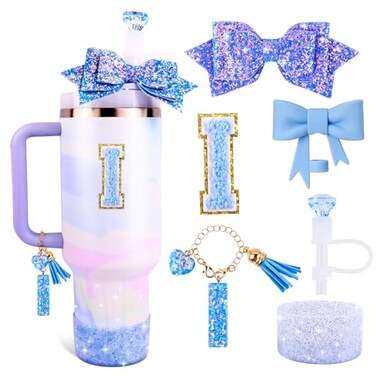 Lingdeer Blue Cup Accessories Set for Stanley 30OZ 40OZ Tumbler with Handle Letter Charms Bow Diamond Straw Covers Glitter Silicone Boot Personalized Sticker for Stanley Cup Accessories I
