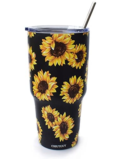 CHIUTUUY Sunflowers Print Tumbler 30 oz Stainless Steel Travel Cup Double Wall Insulated Coffee Mug with SplashProof Lid and Straws 30oz Black