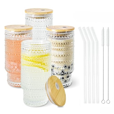Icesip 16oz Hobnail Glass Cup with Lids and Straws Drinking Glass Set of 4