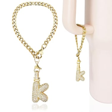 LUHOHI Cup Charms for Stanley Handle Bubble Letter Charms Accessories for Stanley 40 Oz Tumblers Cute Fat Initial Keychain with Diamond Glitter Jewelry Personalized Water Bottle Decorations K