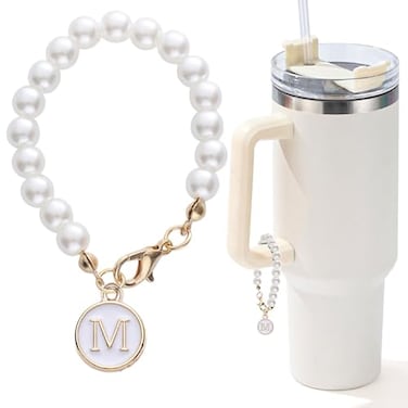 LUHOHI Letter Charm for Stanley CupPearl Chain Accessories Stanley Cup Initial Charms for Handle Stuff Decor Water Bottle Jewelry Tumbler Cute Simple Modern Personalized Name ID Decorations M