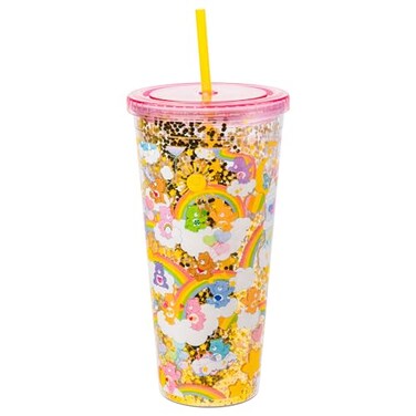 Silver Buffalo Care Bears Rainbow and Stars Featuring Funshine Grumpy Good Luck Bedtime Cheer and Tenderheart Bears Plastic Confetti Cold Cup with Lid and Straw 32 Ounces