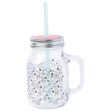 Silver Buffalo Peanuts Snoopy Glass Jar with Lid and Straw 21 Ounces