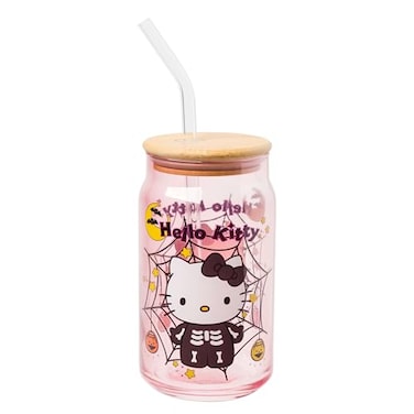 Silver Buffalo Sanrio Hello Kitty Halloween Spooky Skeleton Costume Pink Lavender Glass Jar Tumbler with Bamboo Lid and Glass Straw 16 Ounces