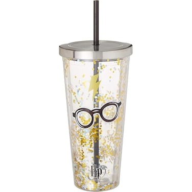 Spoontiques Harry Potter Tumbler Glasses Glitter Cup with Straw 20 oz Acrylic Gold