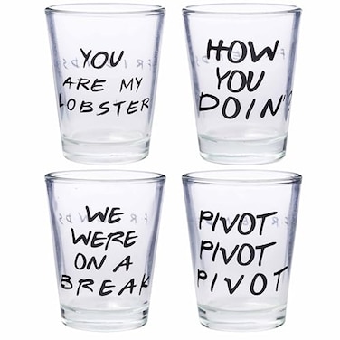 Silver Buffalo Friends Iconic Quotes Youre My Lobster How You Doin Pivot and We Were On A Break 4 Pack Mini Glasses 15 Ounces