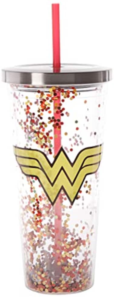 Spoontiques 21337 Wonder Woman Logo Glitter Cup wStraw One Size Red Gold 20 ounces