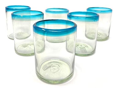 Dos SueÃ±os Dos Sueos Hand Blown Mexican Drinking Glasses Set of 6 Tumbler Glasses with Aqua Blue Rims 10 oz each