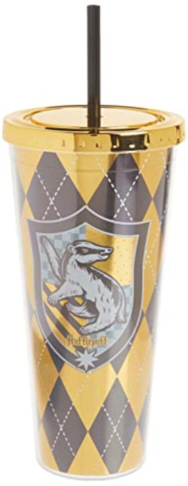 Spoontiques Harry Potter Acrylic Foil Cup with Straw 20oz Metallic Locking Double Wall Insulated BPA Free Hufflepuff