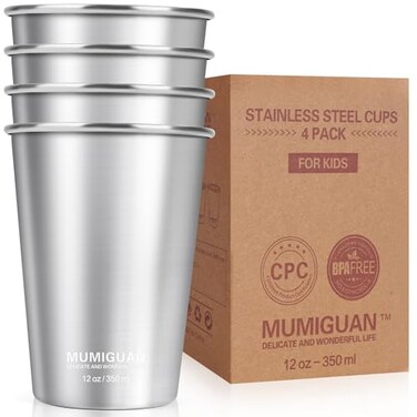 MUMIGUAN Stainless Steel Cups for Kids 12oz350ml 4 Pack Stainless Steel Tumbler Kids Cups Camping Stainless Steel Cups Stackable Metal Drinking Glasses BPA Free Stackable Durable