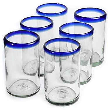 Handmade con HANDMADE CON AMOR 15 oz Hand Blown Mexican Drinking Glasses Set of 6 tumblers 15 fl oz each Cobalt Blue Rim