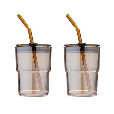 BLUEPOLAR 13oz400ml Glass Tumbler Water Cup with Straw and Lid Sealed Carry on for Coffee Iced Tea Thick Wall Insulated Amber 2Pack