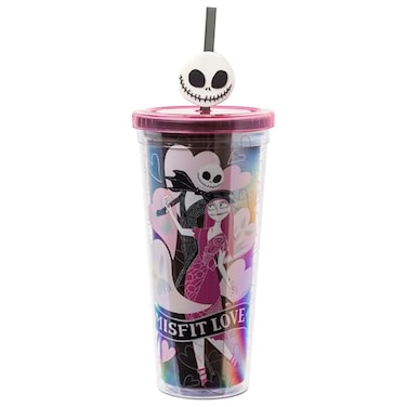 Silver Buffalo Disney The Nightmare Before Christmas Misfit Love Featuring Jack Skellington and Sally Plastic Cold Cup with Lid and Straw Topper 24 Ounces