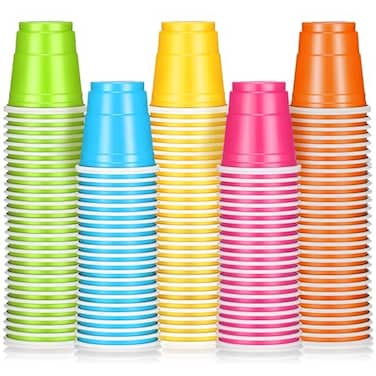 Roshtia 100 Pack 2 oz Plastic Shot Cups Mini Disposable Shot Glasses 2 oz Wedding Party Cups for Bridal Shower Wedding Party Beer Taste Serving SnacksMulti Colors