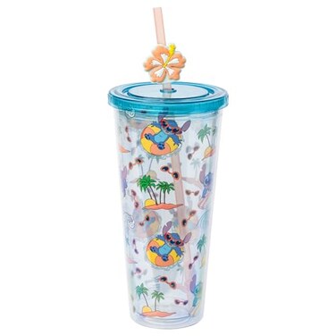 Silver Buffalo Disney Lilo and Stitch Chilling Beach and Palm Trees Pattern Plastic Cold Cup with Lid and Straw Topper 24 Ounces
