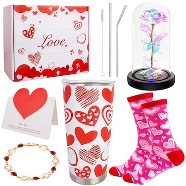 CAKKA Valentines Day Gift Ensemble 8 PCS Romantic Gift Set Includes 20 oz Stainless Steel Tumbler with Lid Straw Brush Simulation Rose Flower Socks Bracelet Thanks Card Gift Box