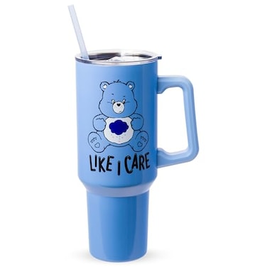 Silver Buffalo Care Bears Grumpy Bear Like I Care Double Walled Stainless Steel Tumbler with Handle and Straw Fits in Standard Cup Holder 40 Ounces