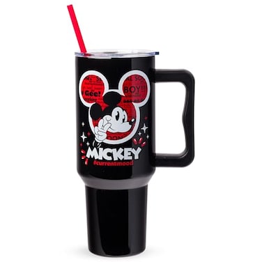 Silver Buffalo Disney Classic Mickey Mouse Hashtag Current Mood currentmood Double Walled Stainless Steel Tumbler with Handle and Straw Fits in Standard Cup Holder 40 Ounces