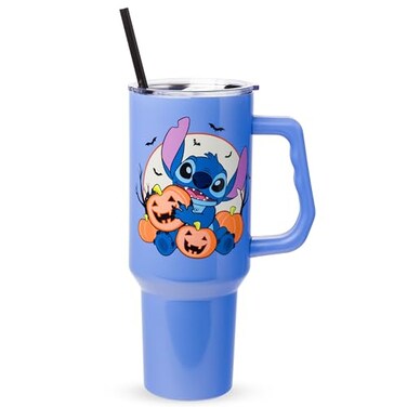 Silver Buffalo Disney Lilo and Stitch Halloween Spooky Pumpkin JackOLantern Double Walled Stainless Steel Tumbler with Handle and Straw Fits in Standard Cup Holder 40 Ounces