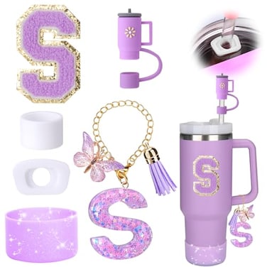 Mity rain 6PCS Cup Accessories Set for Stanley Cup 30oz 40oz tumbler with handle Including Silicone Straw Topper Cover Cap and Boot Spill Proof Stopper Handle Charm Initials Sticker Letter S