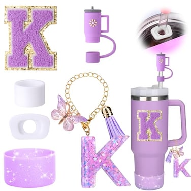 Mity rain 6PCS Cup Accessories Set for Stanley Cup 30oz 40oz tumbler with handle Including Silicone Straw Topper Cover Cap and Boot Spill Proof Stopper Handle Charm Initials Sticker Letter K