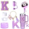 Mity rain 6PCS Cup Accessories Set for Stanley Cup 30oz 40oz tumbler with handle Including Silicone Straw Topper Cover Cap and Boot Spill Proof Stopper Handle Charm Initials Sticker Letter K