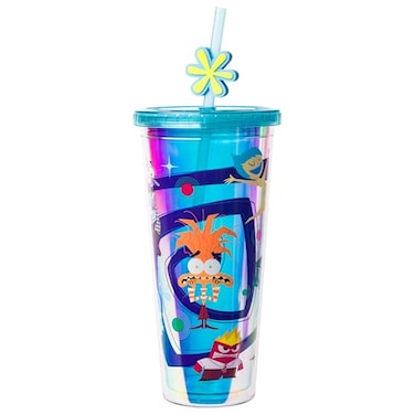 Silver Buffalo Disney Pixar Inside Out 2 Featuring Rileys Emotions Anxiety Anger Joy Fear Sadness and Disgust Iridescent Plastic Cold Cup with Lid and Straw Topper 24 Ounces