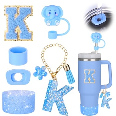 Mity rain Cup Accessories Set for stanley 30 oz 40 oz tumbler with handle Including Initials Charms Straw Cover Cap Boot Sticker Silicone Spill Proof StopperBlue Decorate for Boy Girl Letter K