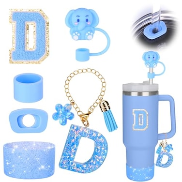 Mity rain Cup Accessories Set for stanley 30 oz 40 oz tumbler with handle Including Initials Charms Straw Cover Cap Boot Sticker Silicone Spill Proof StopperBlue Decorate for Boy Girl Letter D