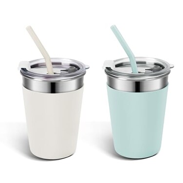 Yummy Sam Ymmy Sam 2pcs Stainless Steel Cups with Silicone Straws 12oz Spillproof Tumblers Dishwasher Safe Unbreakable Metal Cups with Heatinsulated Sleeves for Cold and Hot Drinks