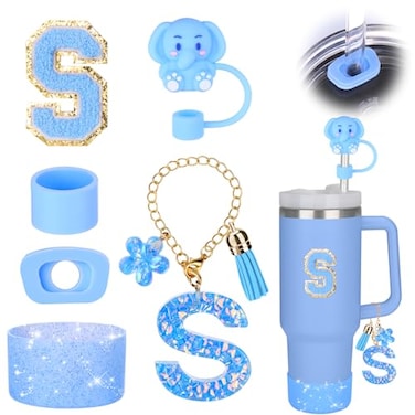 Mity rain Cup Accessories Set for stanley 30 oz 40 oz tumbler with handle Including Initials Charms Straw Cover Cap Boot Sticker Silicone Spill Proof StopperBlue Decorate for Boy Girl Letter S