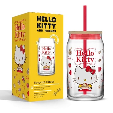 JoyJolt Sanrio Hello Kitty and Friends Favorite Flavor Glass Tumbler with Bamboo Lid and Straw Leakproof 16oz Clear Soda Can Shaped Cup featuring Hello Kitty Hello Kitty Merch