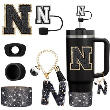 Mity rain 6PCS Cup Accessories Set for Stanley Cup 30oz 40oz tumbler with handle Black Accessories Including Straw Topper Boot Spill Proof Stopper Handle Charm Initials StickerLetter N
