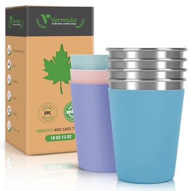 Vermida Stainless Steel Cups for Kids and Toddlers 12oz Stackable Stainless Steel Kids Cups with Silicone Sleeves Sweat Proof Unbreakable Metal Cups for Home Outdoor Activities BPA Free 4 Pack