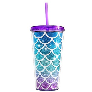 Home Tune Cute Glitter Tumbler Cups with Lid and Straw Double Wall Insulated Acrylic Cup 22 oz 650ml Mermaid