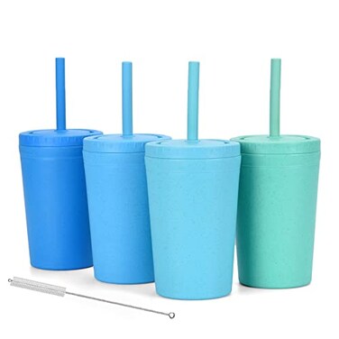 Homestockplus Reusable Wheat Straw Cups with Lid and Straws 10 Oz Chip Resistant Drinking Cups Small Water Cups with Silicone Straws BPA Free Dishwasher Safe for Milk Drinks Smoothies