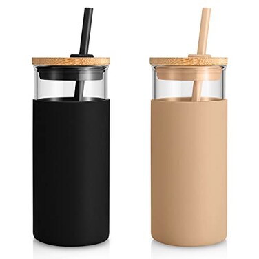Tronco 20 oz Glass Tumbler with Lid and Straw Iced Coffee Cup and Smoothie Cup with Bamboo Lids Protective Silicone Sleeve Dishwasher Safe BPAFree Glass Cup 2 Pack