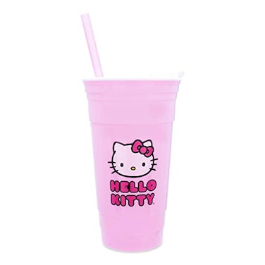 Silver Buffalo Sanrio Hello Kitty Pink Plastic Travel Tumbler With Lid and Straw 32Ounce Tall Carnival Cold Cup For Drinks Beverages