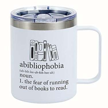Onebttl Book Lovers Gifts For Women Men Abibliophobia 12 oz 350 ml Insulated Mugs Reading Gift for Book Worm Librarians Readers White