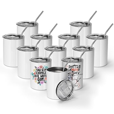 AGH 12 oz Sublimation Tumblers 12 Pack Straight Tumbler with Lid and Straw Flat Shot Tumbler