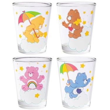 Silver Buffalo Care Bears on Clouds Featuring Funshine Tenderheart Cheer and Grumpy Bear 4 Pack Mini Glass Set 15 Ounces