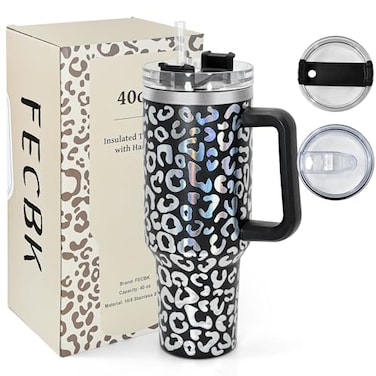 FECBK 40 oz Tumbler with Handle and Straw 100 LeakProof Travel Mug Stainless Steel Double Wall Vacuum Insulated Coffee Cup Keeps Cold For 34 Hours Dishwasher Safe Black Leopard