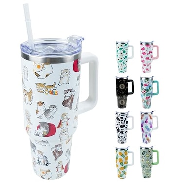 Lumumanber 40 oz Tumbler with Handle and Straw Stainless Steel Insulated Cup with Leak Proof Lid and Straw Lid Keep Drinks Cold and Hot for HoursCat